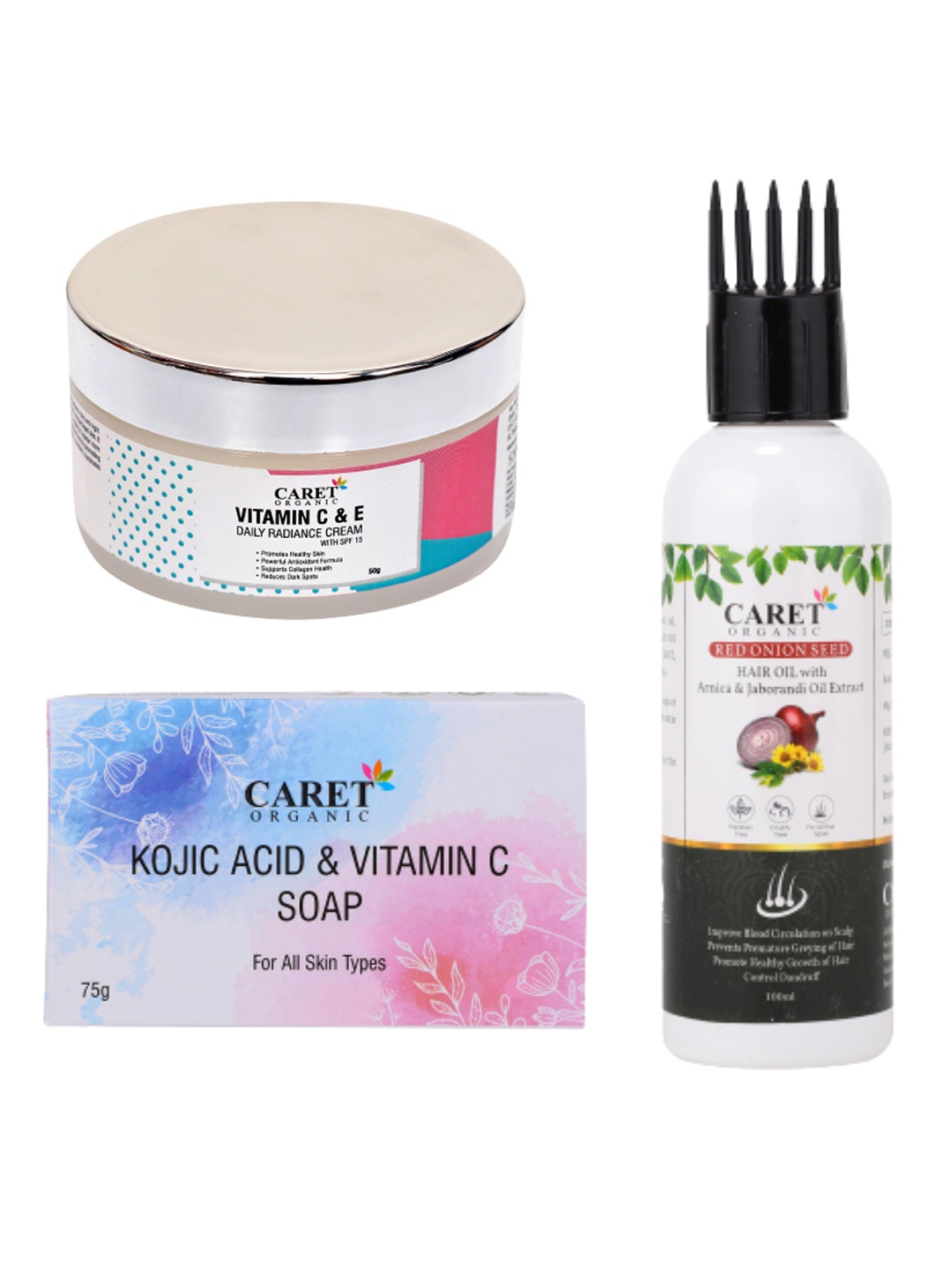 

CARET ORGANIC Set Of 3 Daily Radiance Cream-50g- Vitamin C Soap-75g & Hair Oil-100ml, White