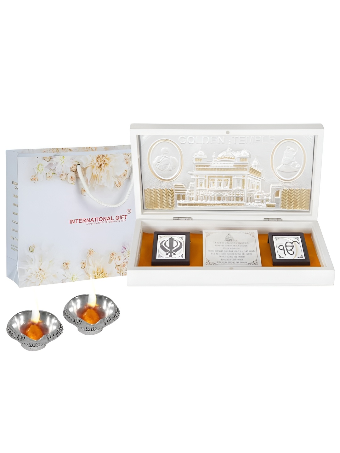 

INTERNATIONAL GIFT Silver-Toned Silver Golden Temple Frame Message Box with 2 Diya