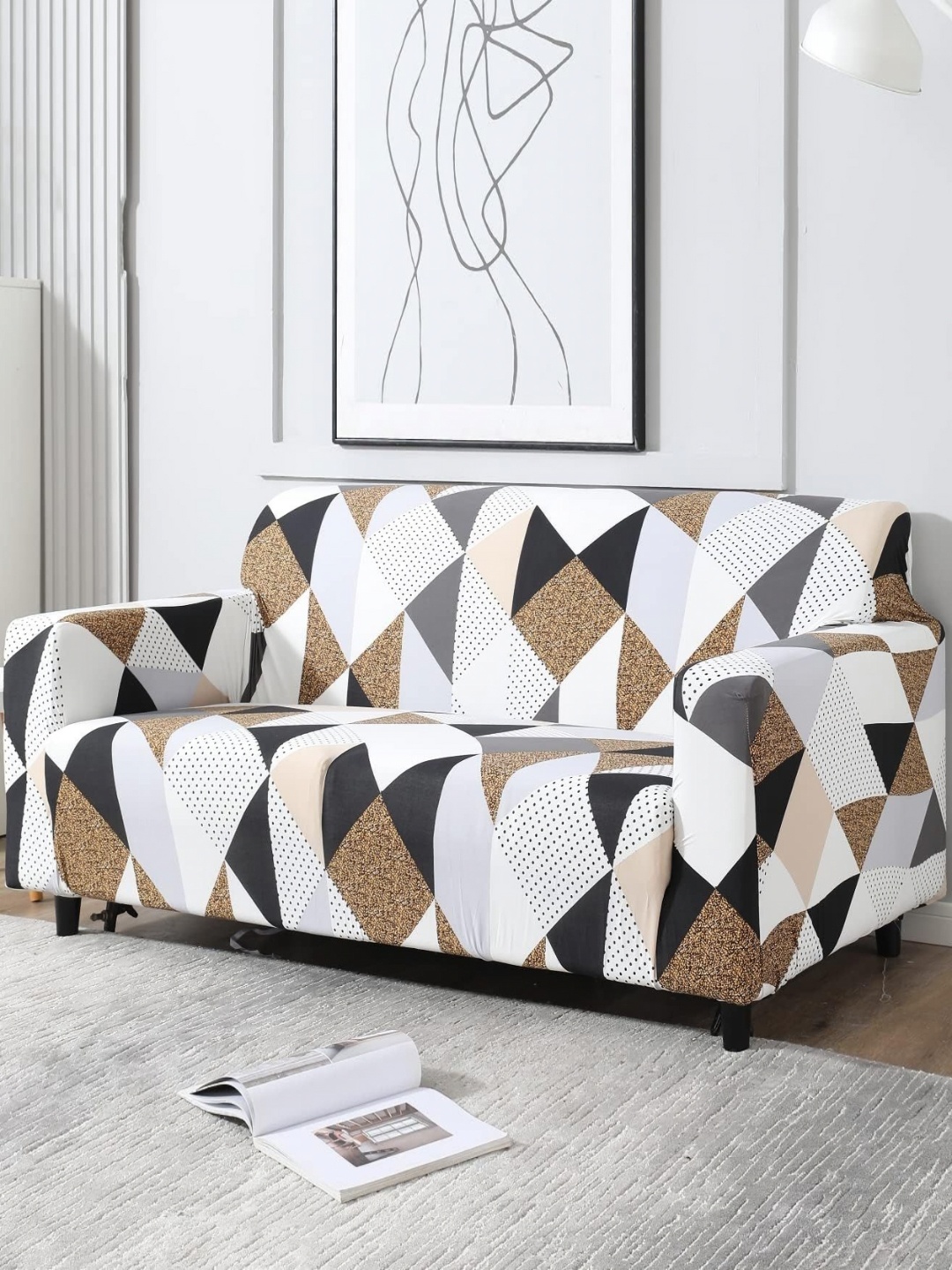 

B BESTILO White & Grey Geometric Printed Triple Seater Sofa Cover With Arms