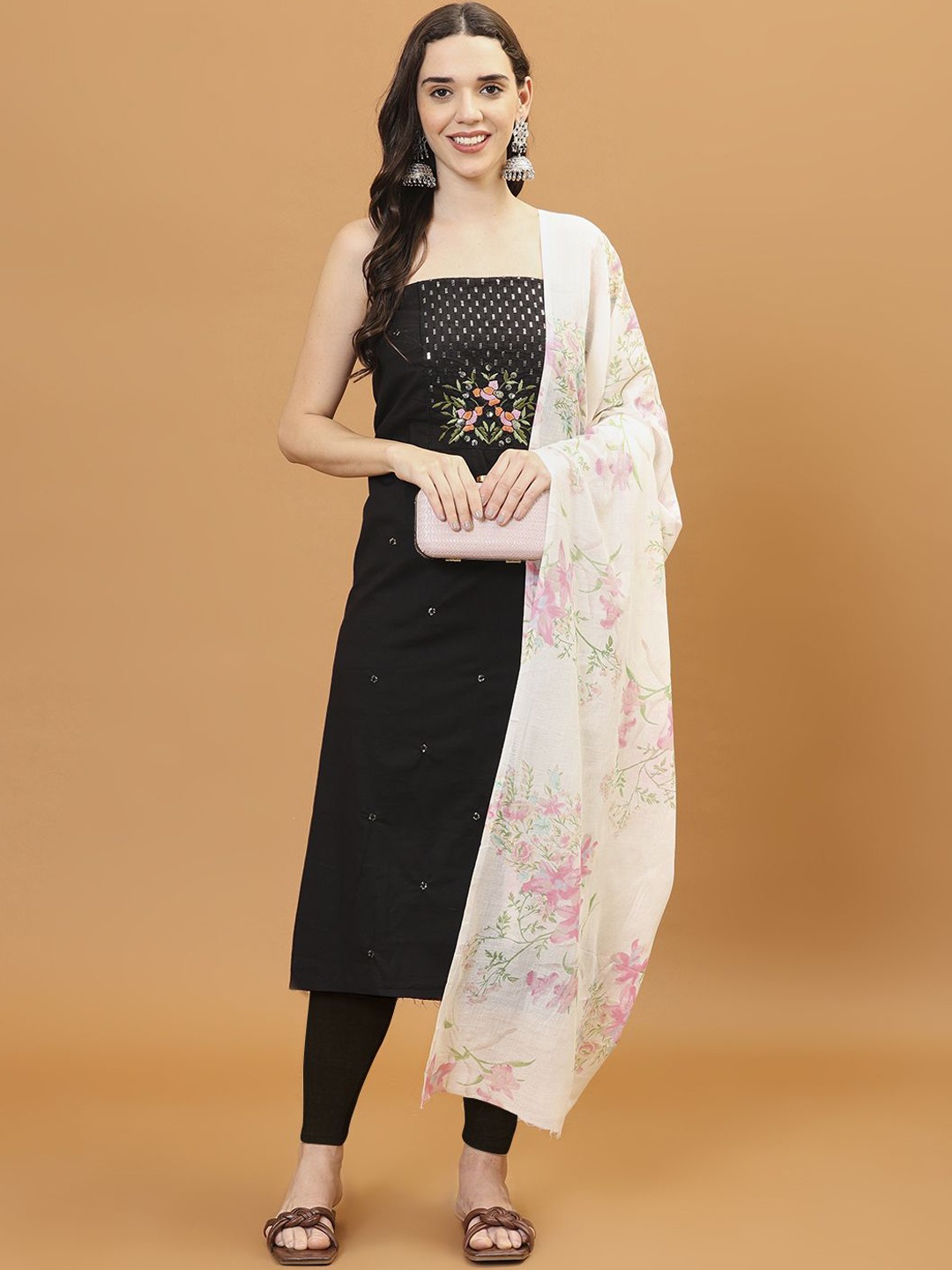 

Meena Bazaar Floral Embroidered Sequinned Unstitched Dress Material, Black