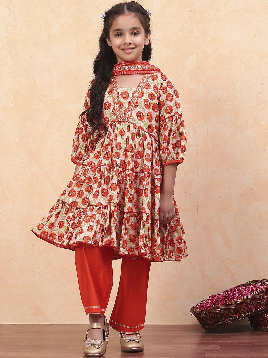 

Biba Girls Floral Printed Regular Anarkali Kurta with Palazzos & Dupatta, Orange