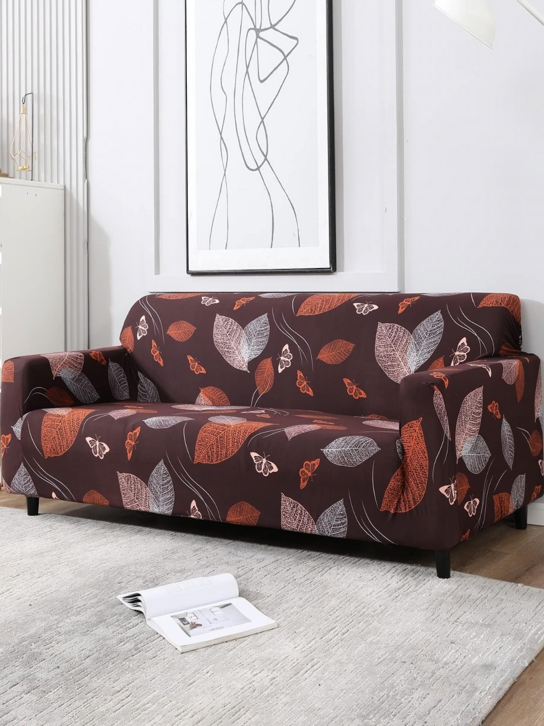 

B BESTILO Brown & White Floral Printed Self Design Sofa Cover With Arms