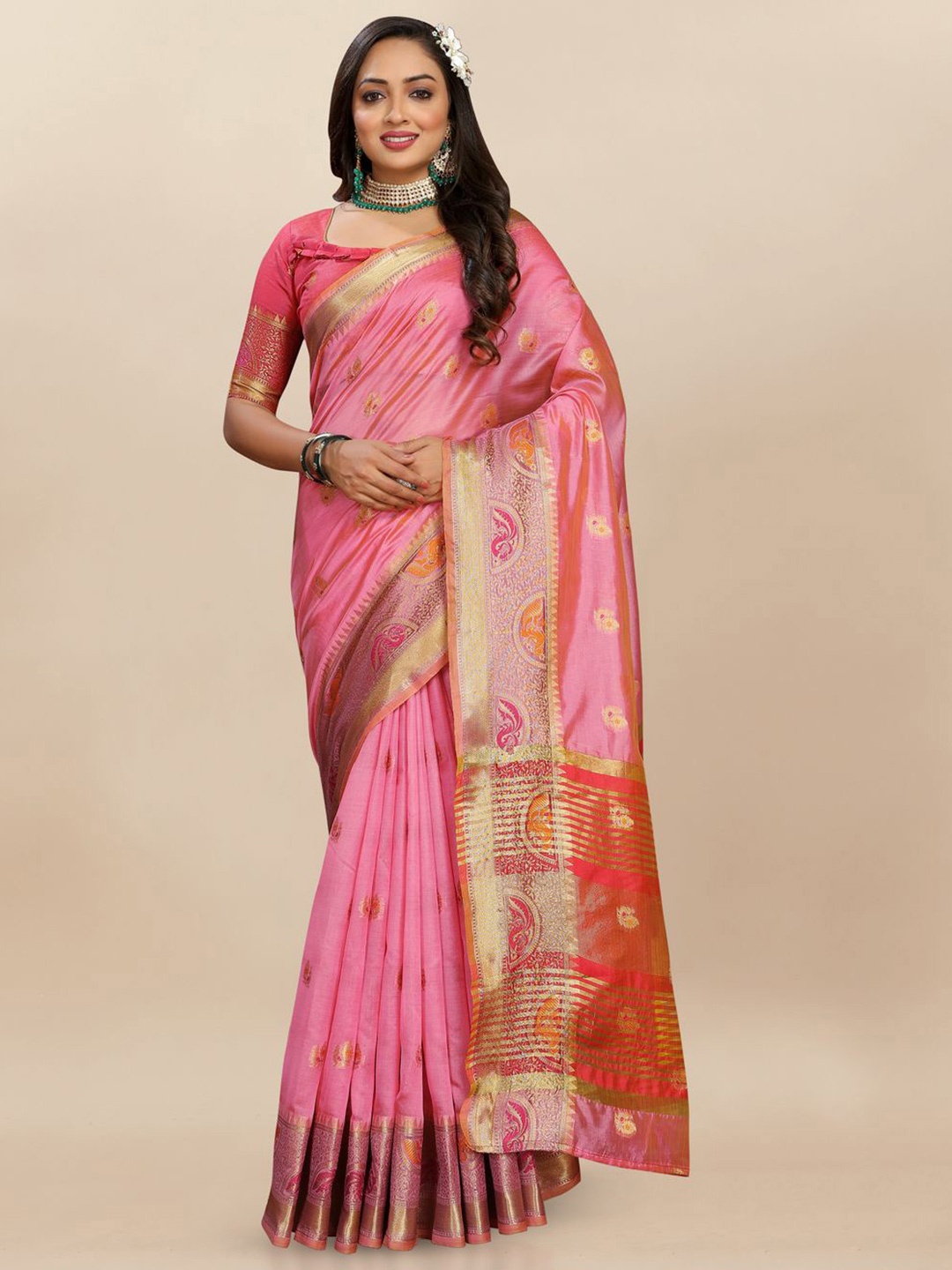 

MOKSHA DESIGNS Ethnic Motifs Zari Pure Silk Banarasi Saree, Pink