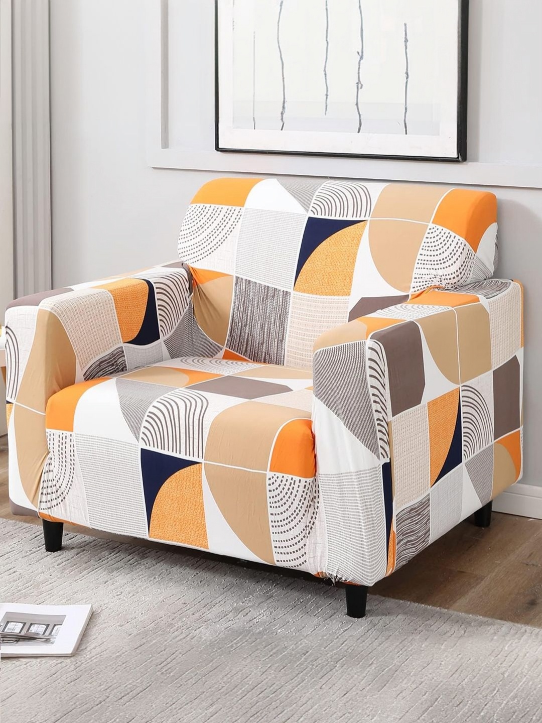 

B BESTILO Beige & Orange Geometric Printed Single Seater Sofa Cover With Arms