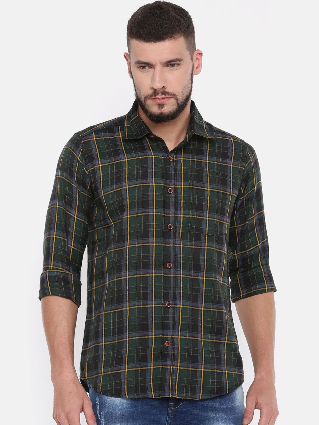 

Cross Court Men Slim Fit Tartan Checks Opaque Checked Casual Shirt, Green