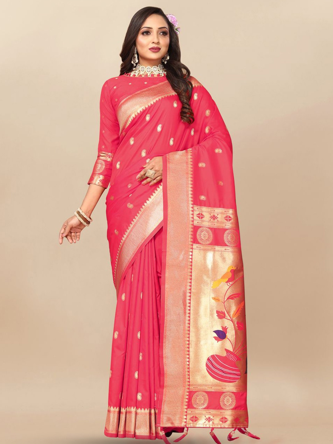 

MOKSHA DESIGNS Ethnic Motifs Woven Design Zari Pure Silk Paithani Saree, Pink