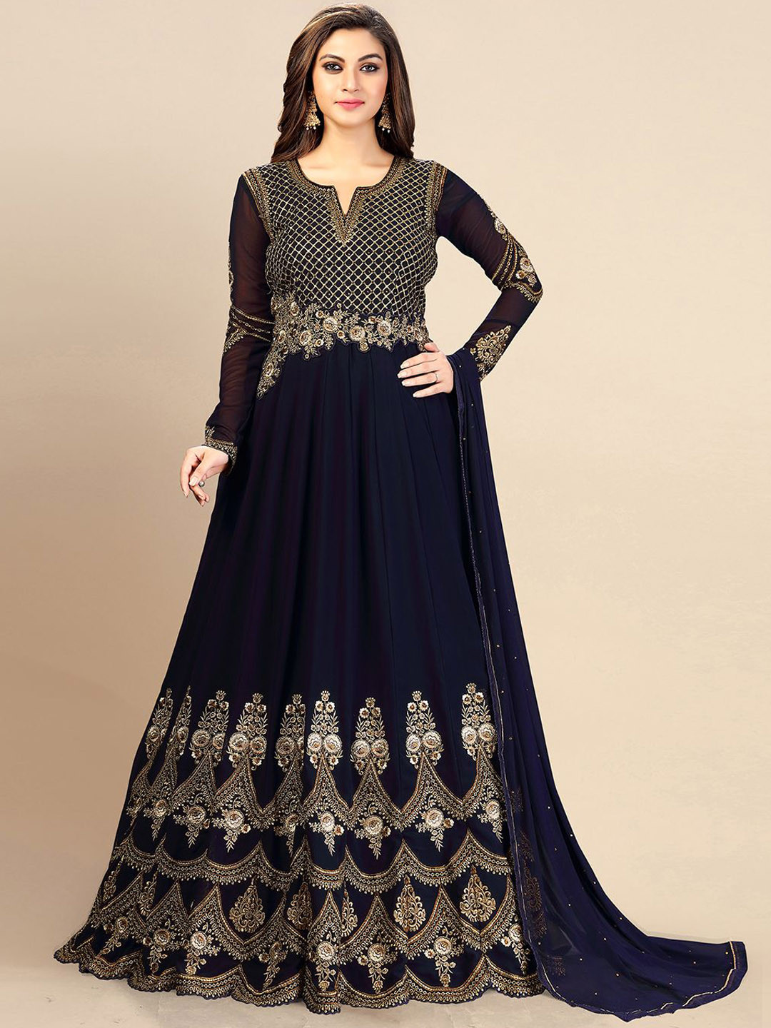 

Trendmalls Floral Embroidered Pleated Georgette Kurta With Trousers & Dupatta, Navy blue