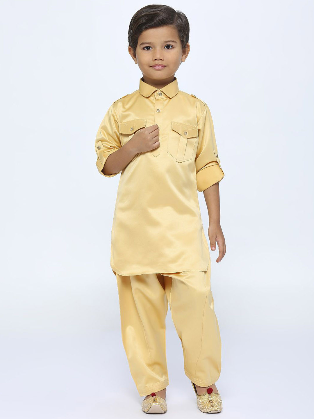 

YK Boys Shirt Collar Roll-Up Sleeves Satin Pathani Kurta with Salwar, Gold