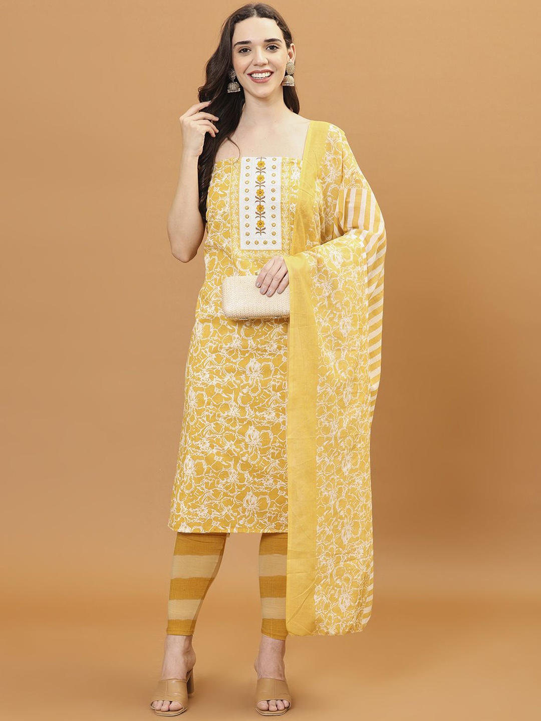 

Meena Bazaar Floral Printed Mirror Work Unstitched Dress Material, Yellow