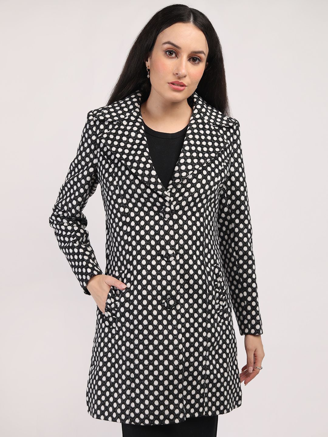 

HONNETE Women Polka Dots Printed Notched Lapel Collar Single-Breasted Winter Overcoat, Black