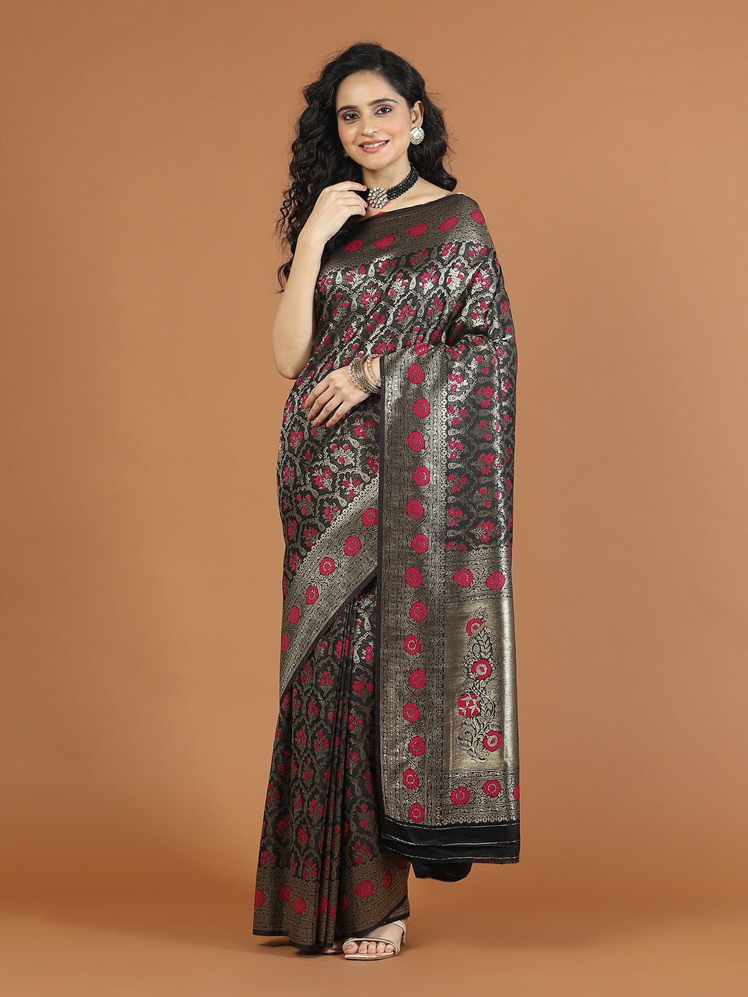 

Meena Bazaar Ethnic Motifs Zari Art Silk Saree, Black