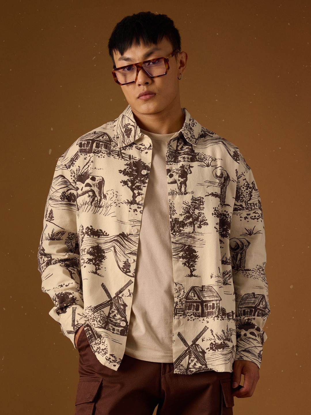 

The Souled Store Men Spread Collar Graphic Printed Cotton Casual Shackets, Cream