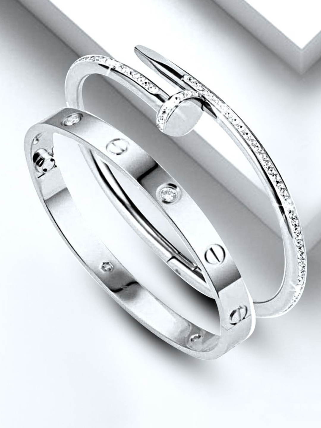 

MEENAZ Set Of 2 Silver-Plated Stainless Steel Anti Tarnish Stone Studded Kada Bracelets