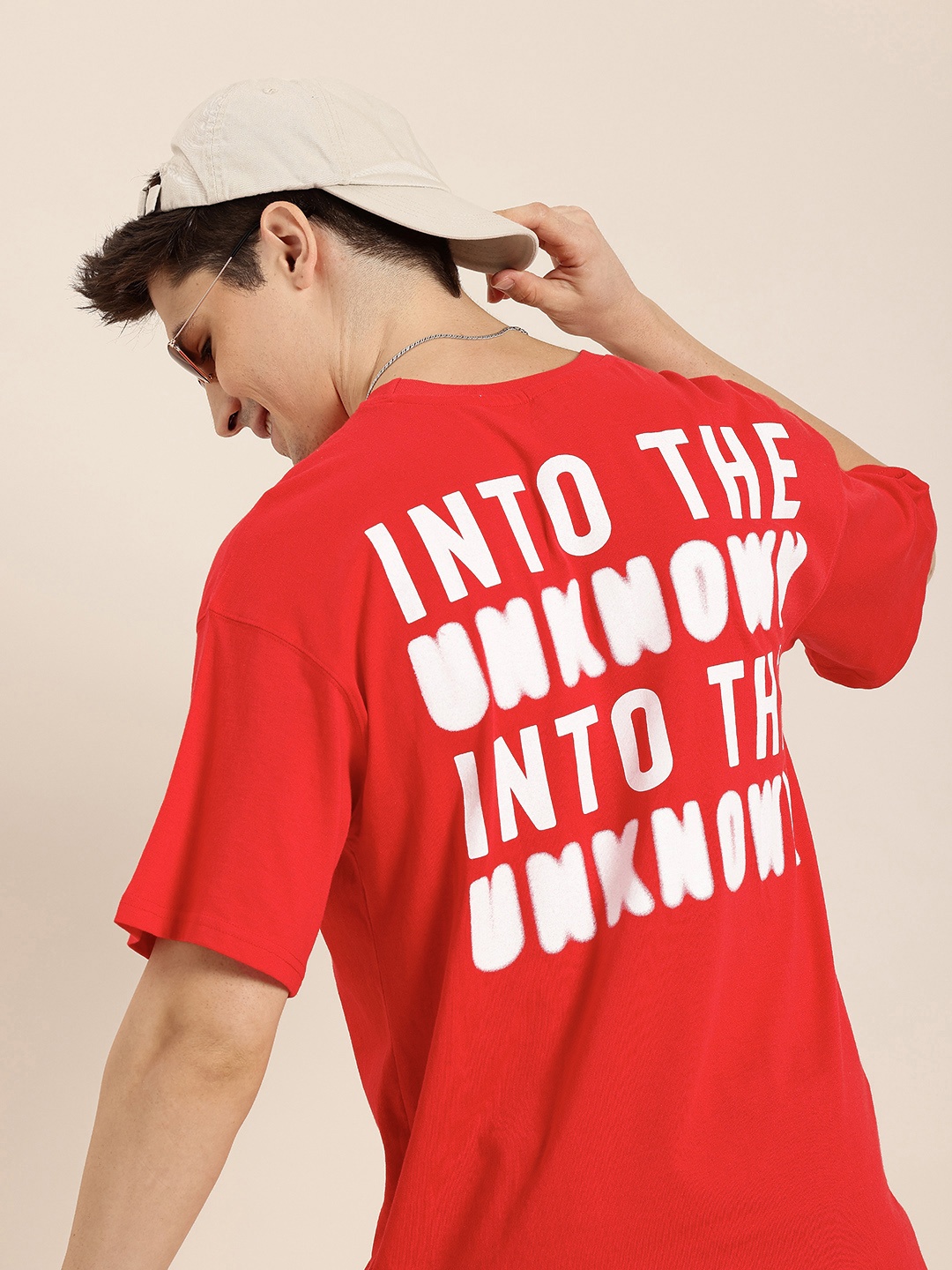 

HERE&NOW Typography Printed Drop-Shoulder Sleeves T-shirt, Red