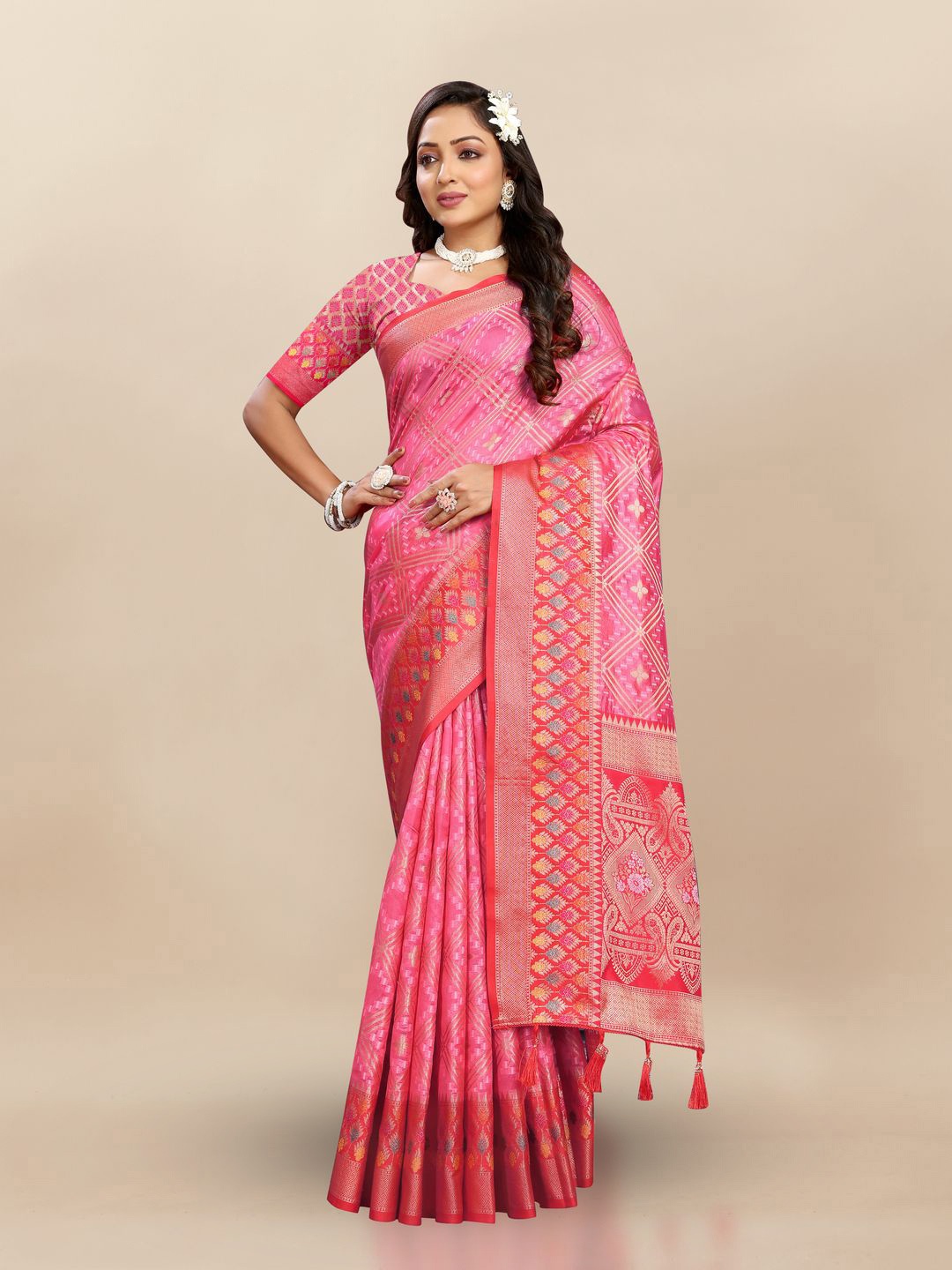 

MOKSHA DESIGNS Ethnic Motifs Zari Pure Silk Paithani Saree, Pink