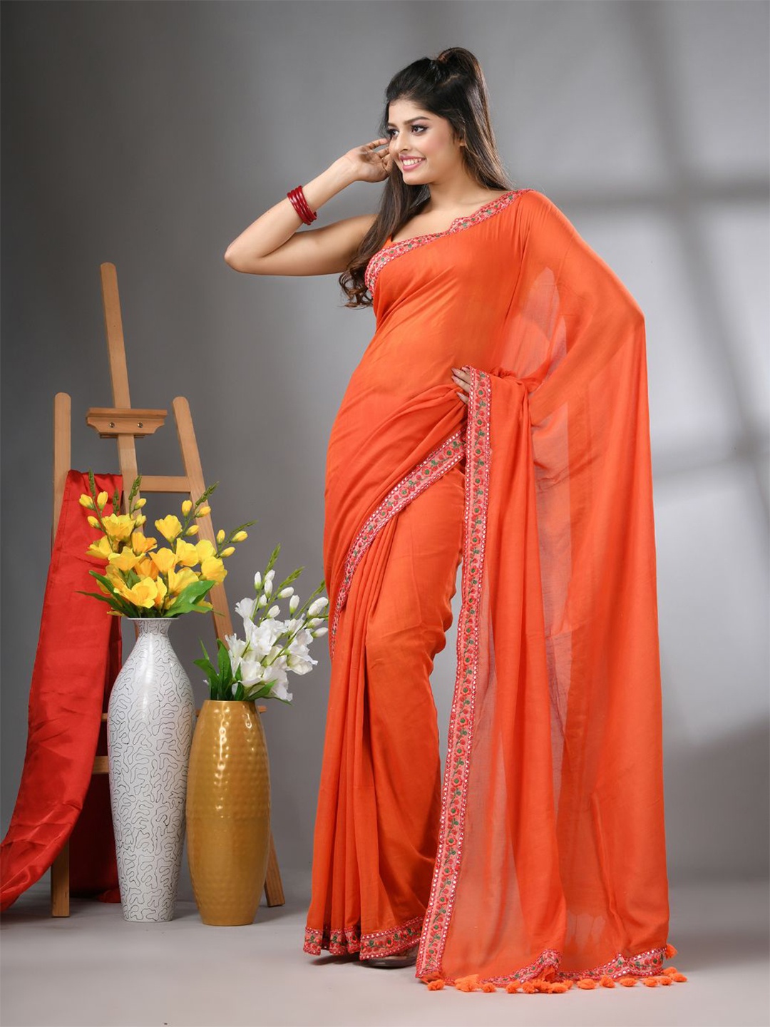 

Charukriti Embroidered Pure Cotton Saree, Orange