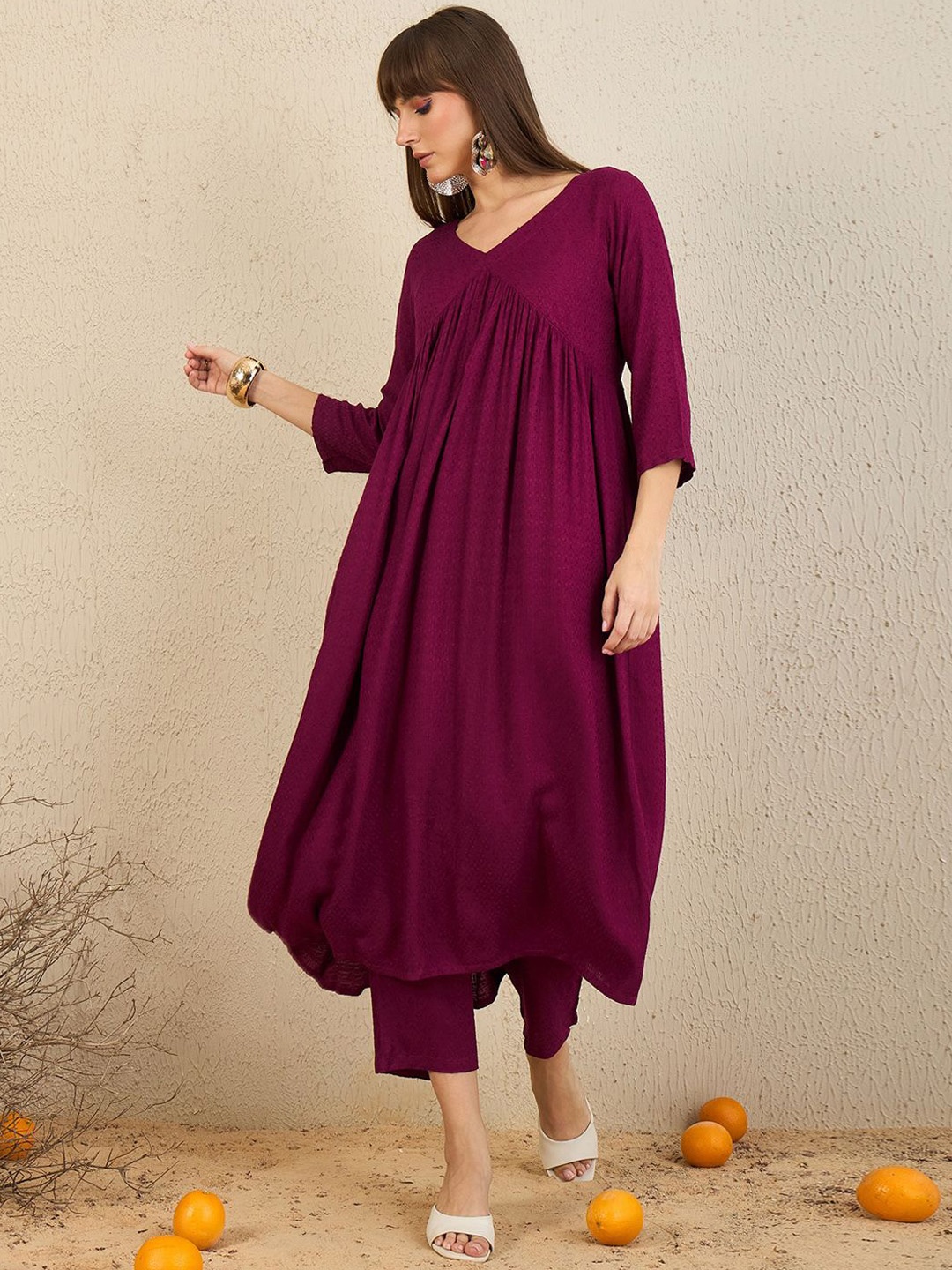 

Indo Era Pleated A-Line Kurta with Trousers, Burgundy