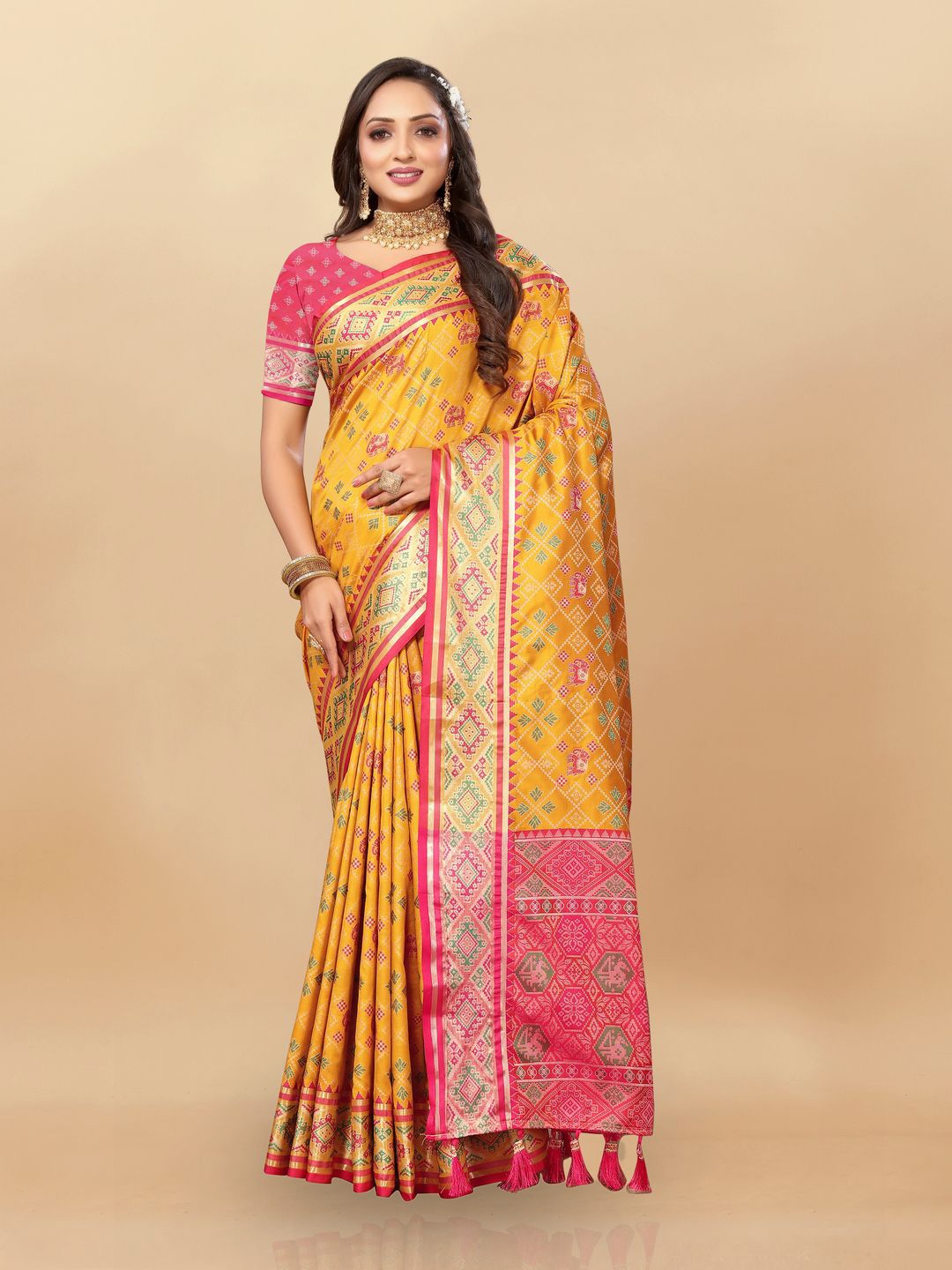 

MOKSHA DESIGNS Ethnic Motifs Woven Design Zari Pure Silk Paithani Saree, Yellow