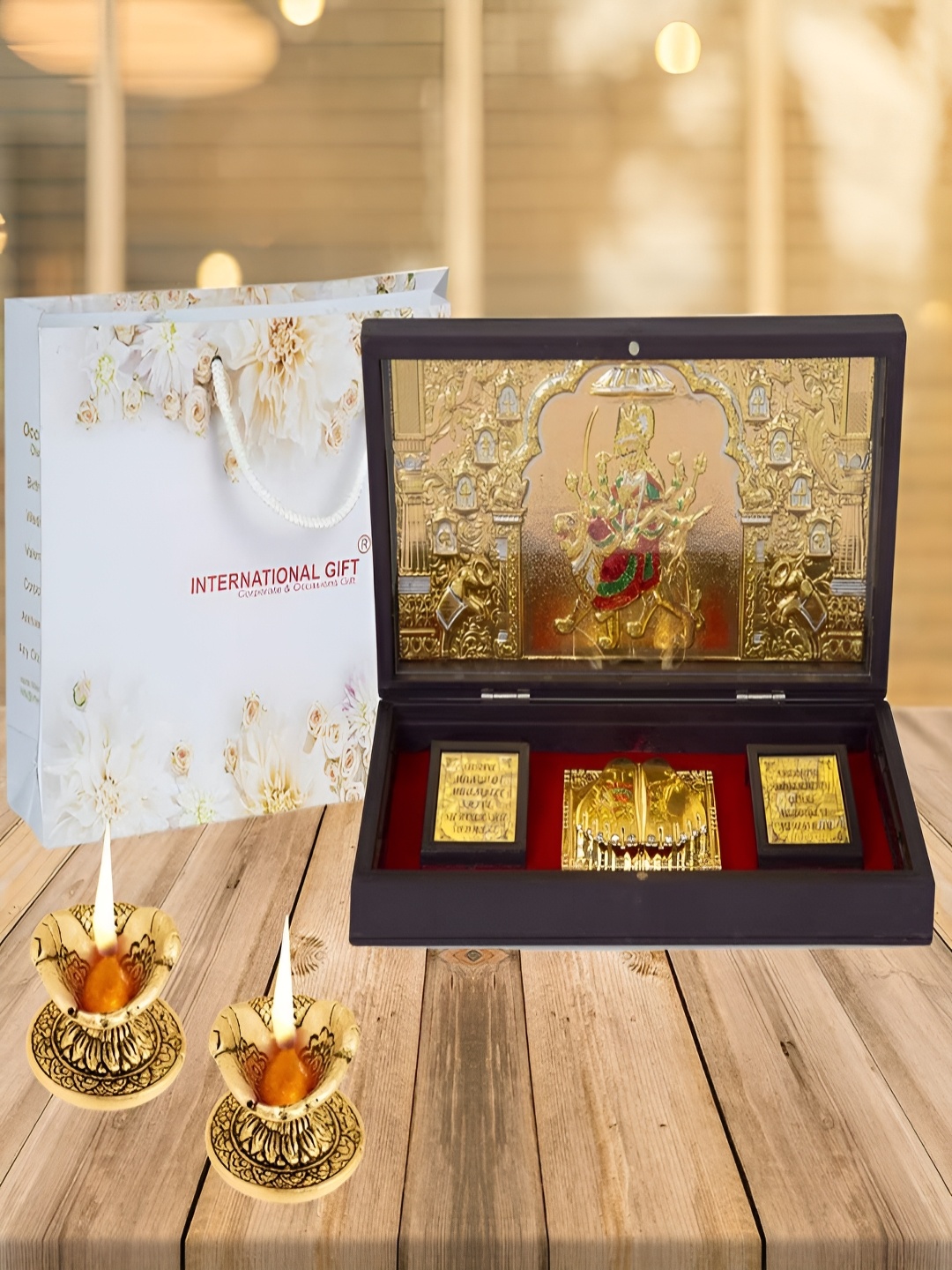 

INTERNATIONAL GIFT Gold-Toned Durga Mata Charan Paduka Box with 2 Diya