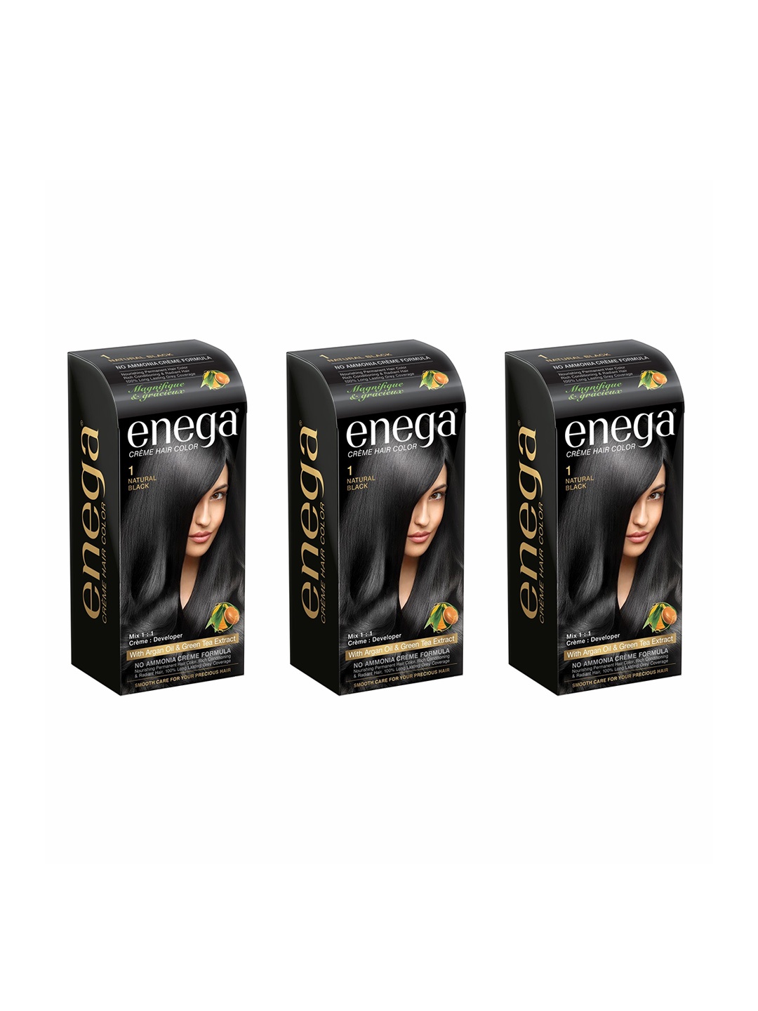 

Enega Set Of 3 Long Lasting Creme Hair Color-150 ml Each Shade-Natural Black