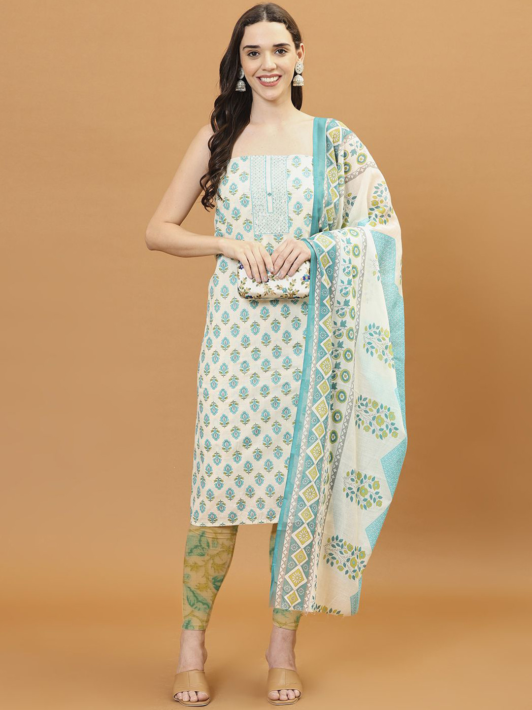 

Meena Bazaar Floral Printed Unstitched Dress Material, Cream