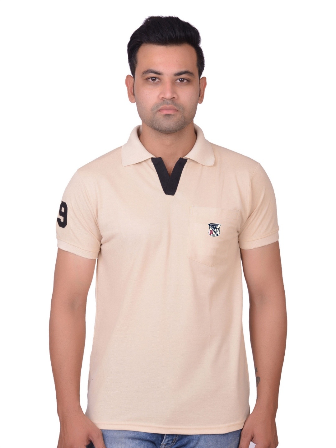 

LA MILANO Men Embroidered Polo Collar Slim Fit T-shirt, Cream