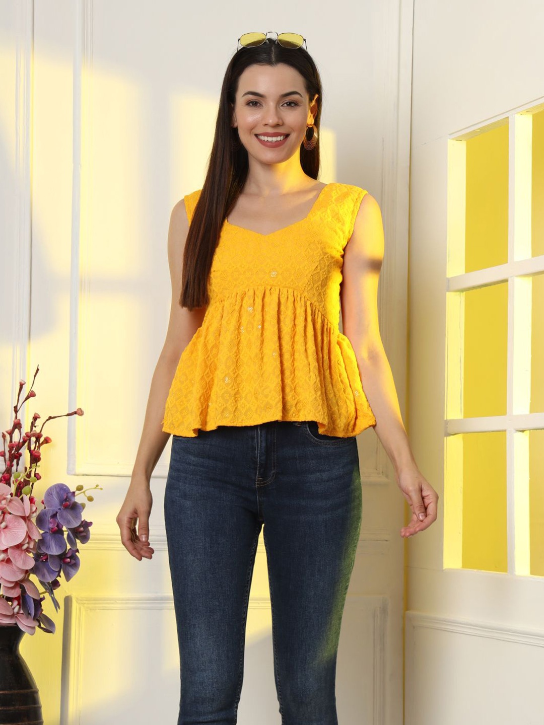 

KALINI Embroidered Sweetheart Neck Cotton Peplum Top, Yellow