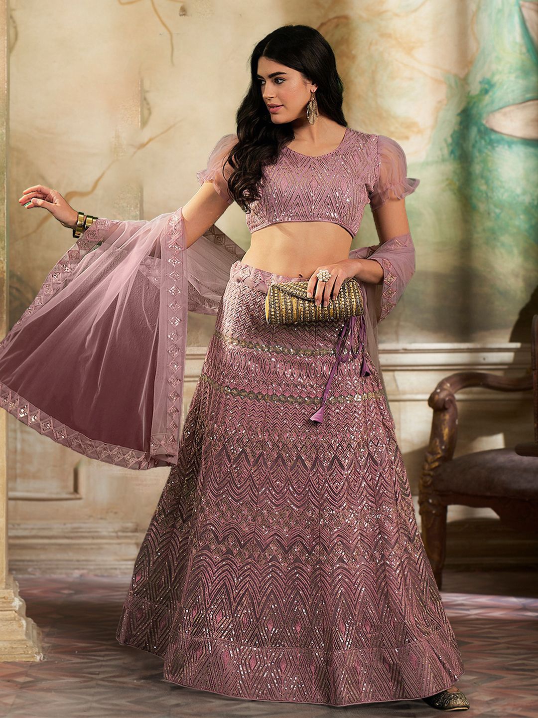 

Kvsfab Embroidered Sequinned Semi-Stitched Lehenga & Blouse With Dupatta, Lavender