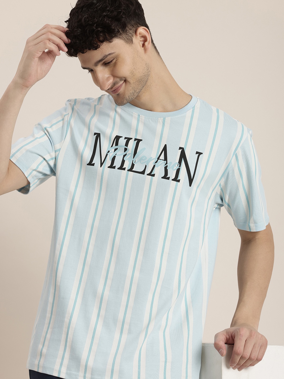 

HERE&NOW Striped & Typography Printed Pure Cotton T-shirt, Blue
