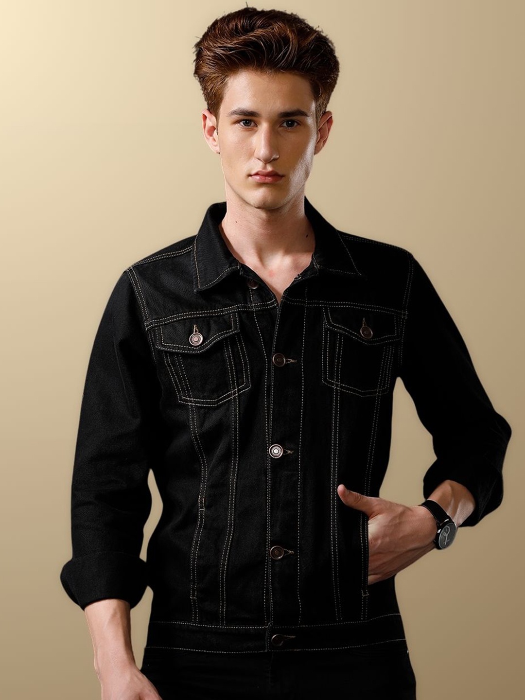 

TEMPLE OF DENIM Men Outdoor Denim Jacket with Embroidered, Black