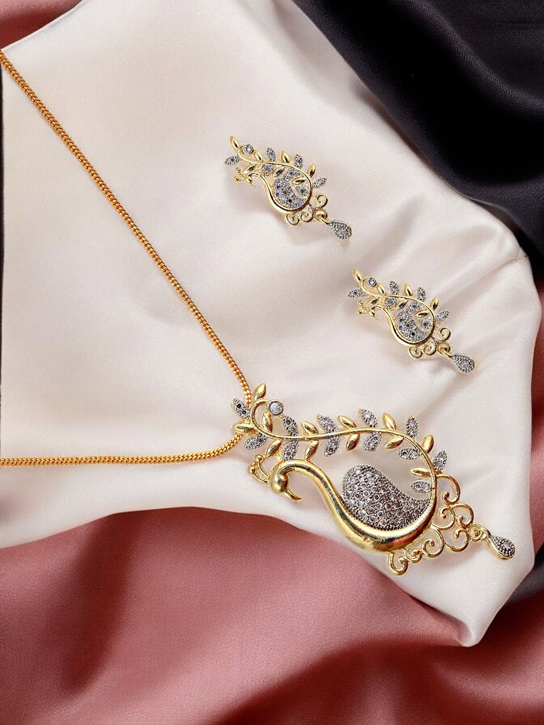 

LUCKY JEWELLERY 18K Gold Plated American Diamond Studded Necklace & Earrings, White