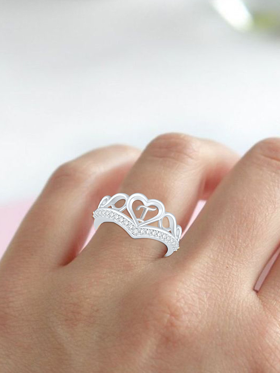 

Lila Silver-Plated T Letter American Diamond Stone-Studded Finger Ring