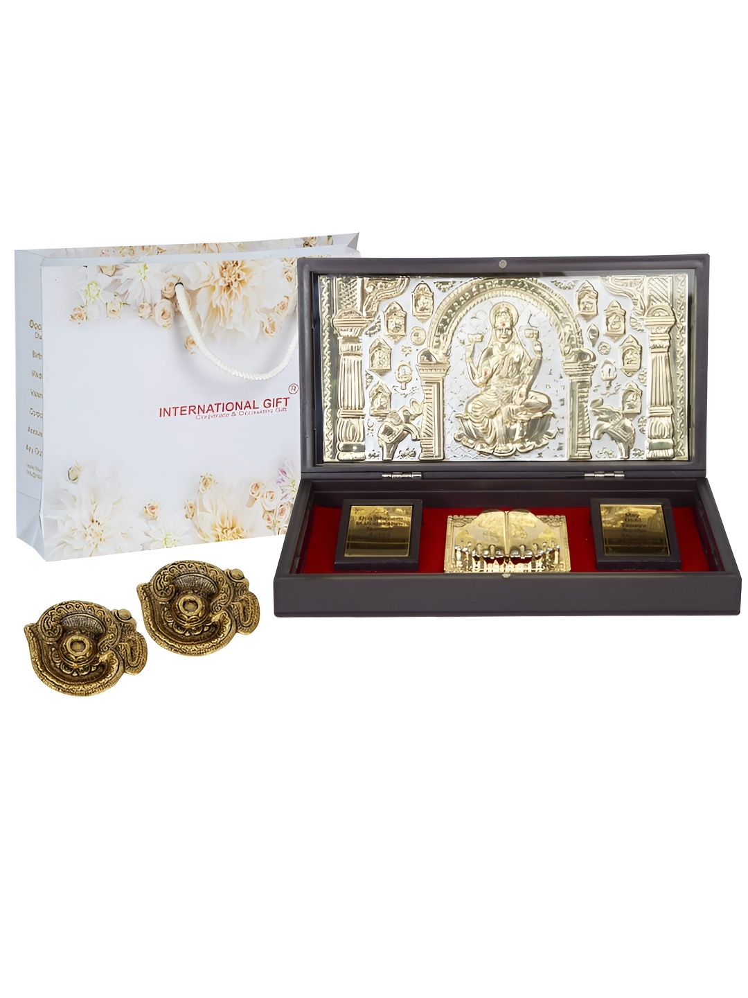 

INTERNATIONAL GIFT Gold-Toned Mata Saraswati Charan Paduka Box with 2 Om Diya