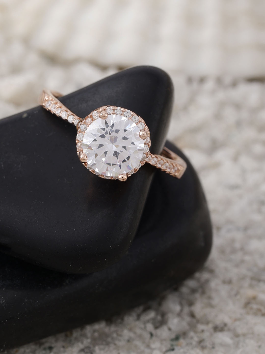 

DIAVO 925 Sterling Silver Rose Gold-Plated Stone Studded Finger Ring