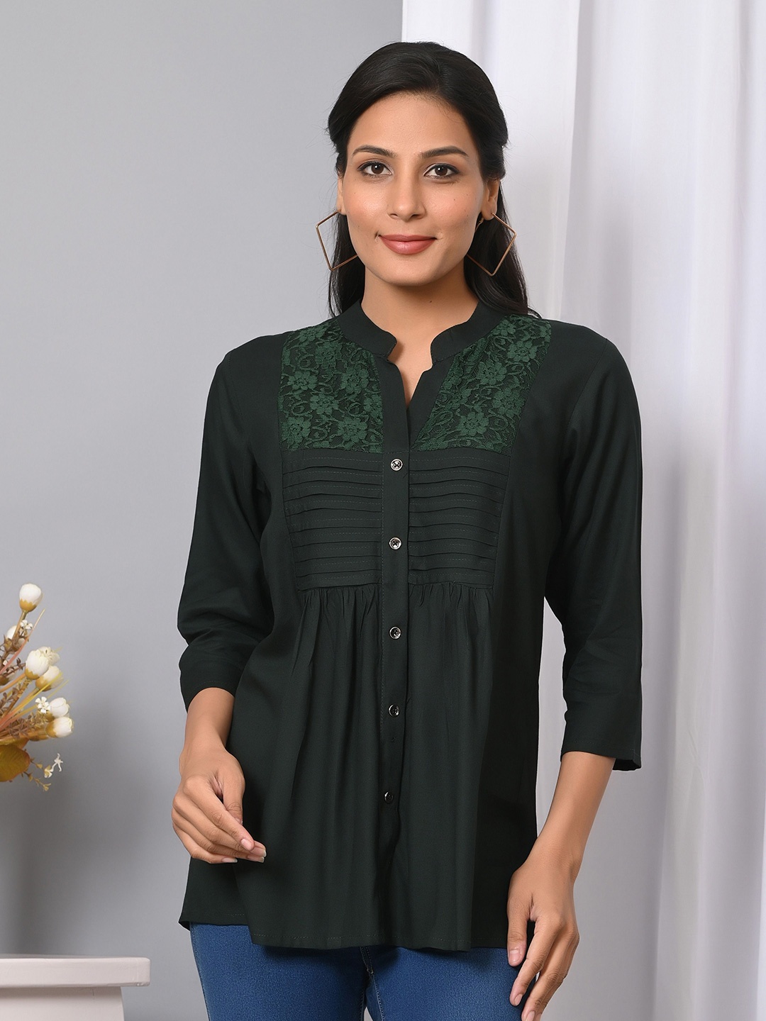 

IQRAAR Embellished Mandarin Collar Cotton Top, Teal