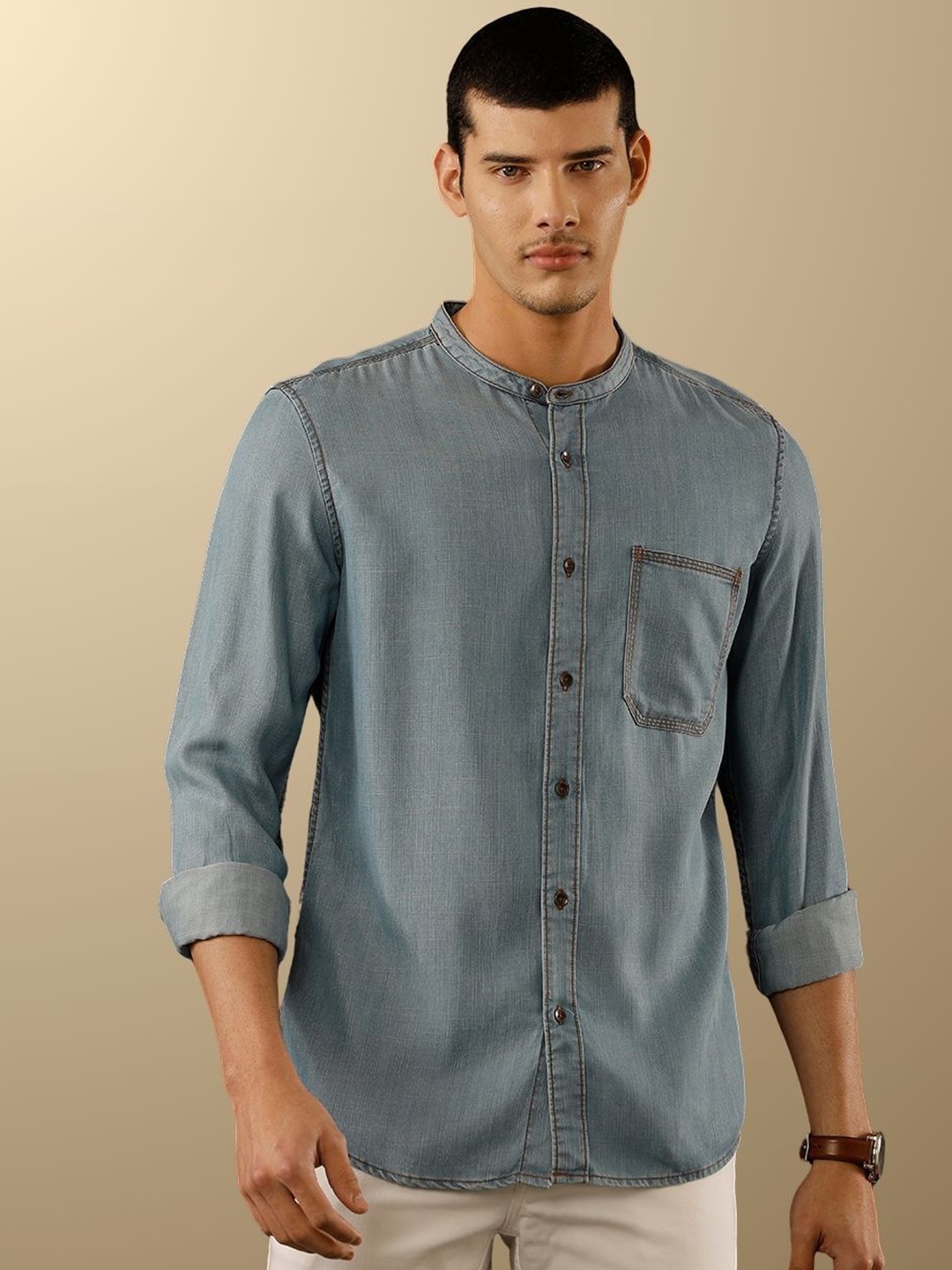 

TEMPLE OF DENIM Men India Slim Band Collar Solid Denim Casual Shirt, Blue