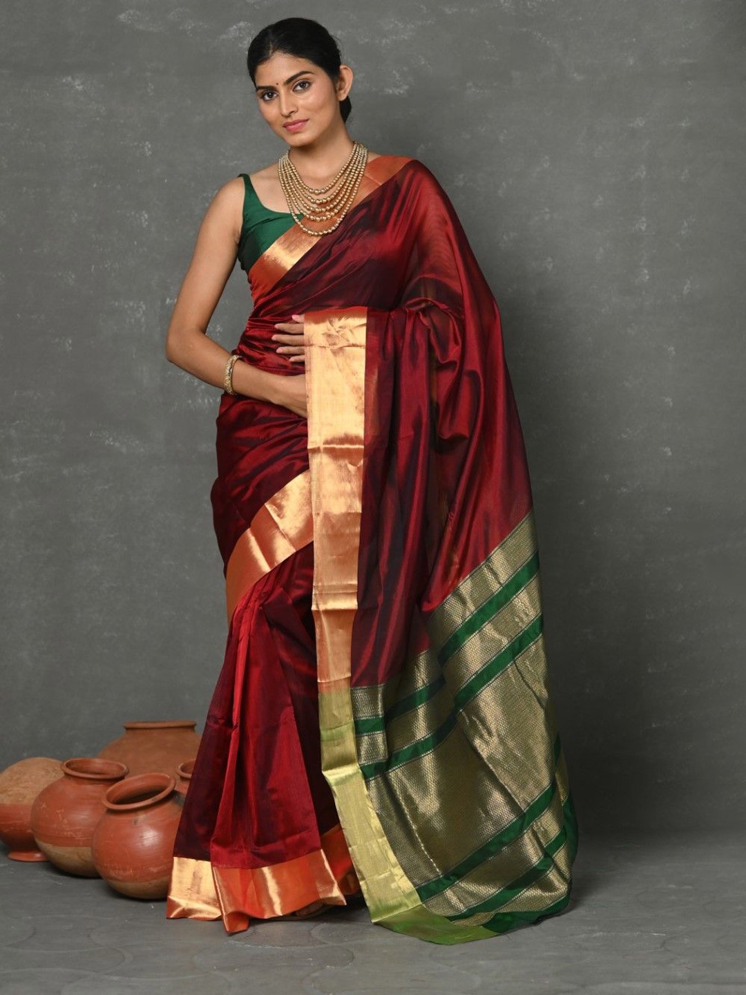 

Very Much Indian Solid Zari Saree With Blouse Piece, Maroon