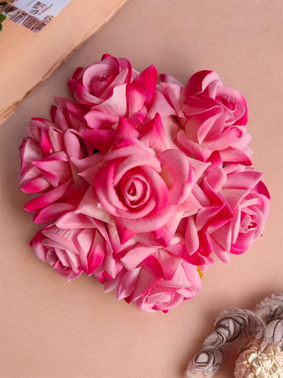 

CHRONEX Set of 1 Artificial Rose Flower Wedding Hair Bun Gajra Bridal Juda, Pink
