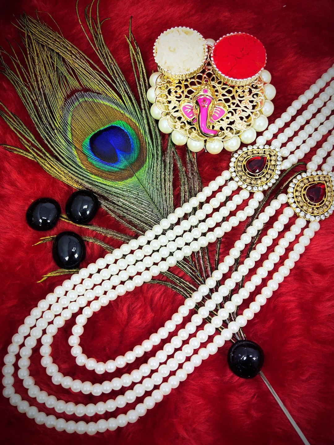 

Radhe Creation Men Gold-Plated Kundan Studded & Pearls Beaded Four Layered Necklace