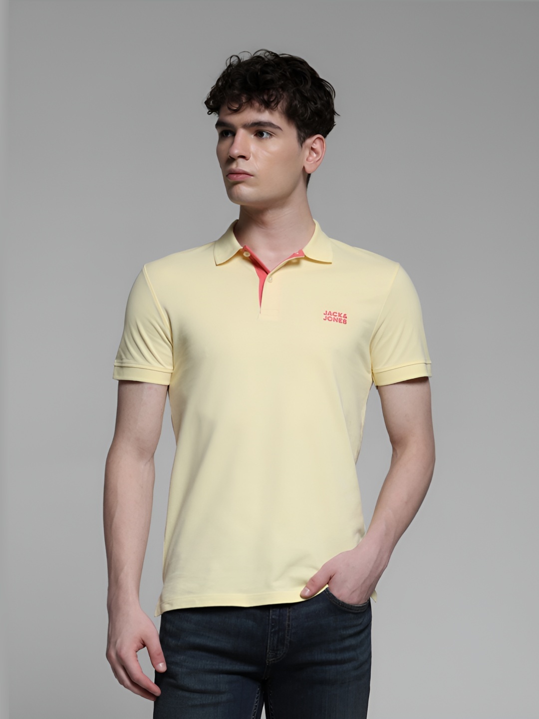 

Jack & Jones Men Solid Polo Collar Cotton Slim Fit T-shirt, Yellow