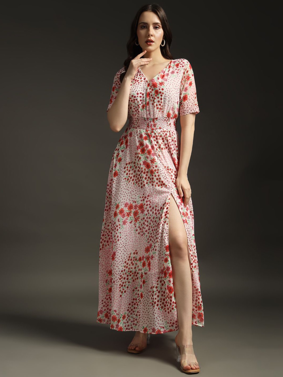 

emeros Floral Print Georgette A-Line Maxi Dress, White