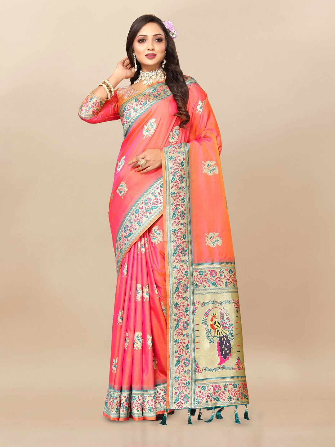 

MOKSHA DESIGNS Ethnic Motifs Zari Pure Silk Paithani Saree, Peach