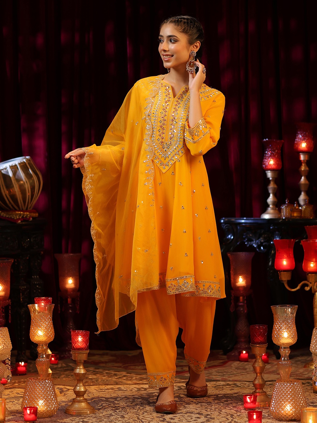 

SCAKHI Floral Embroidered Sequinned Organza A-Line Kurta with Trousers & Dupatta, Yellow