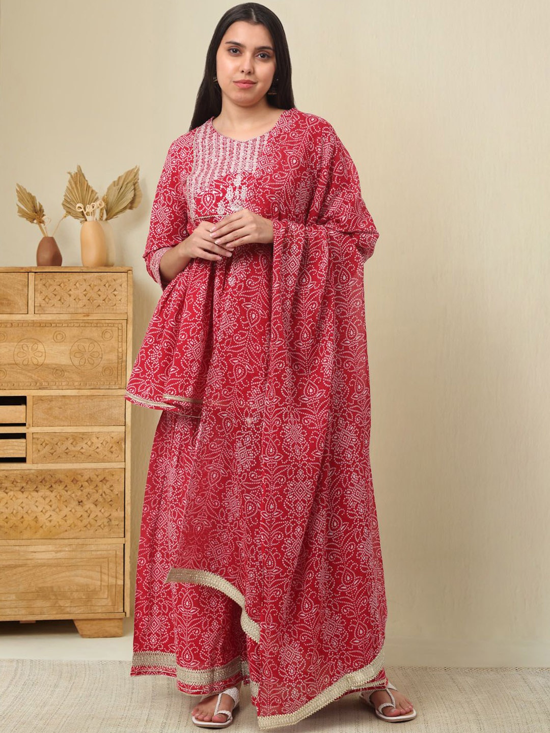 

KALINI Bandhani Embroidered Sequinned Pure Cotton Kurti With Sharara & Dupatta, Red