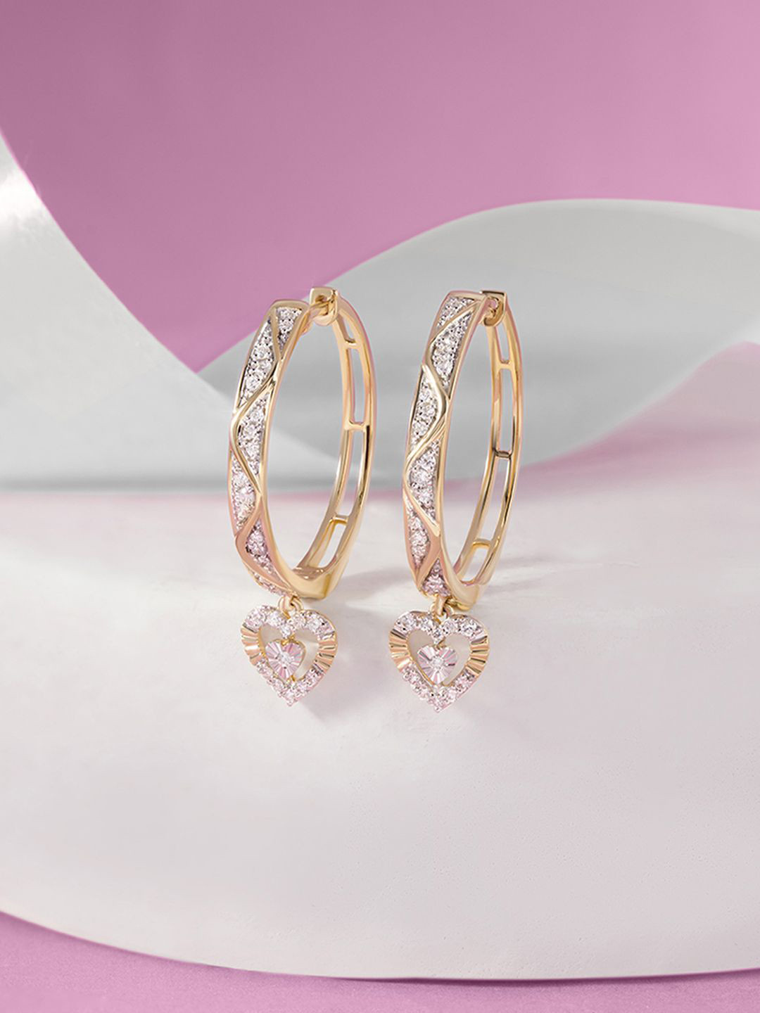 

Mia by Tanishq Heart Glow 14 KT Gold & Diamond Hoop Earrings - 4.867g, Yellow