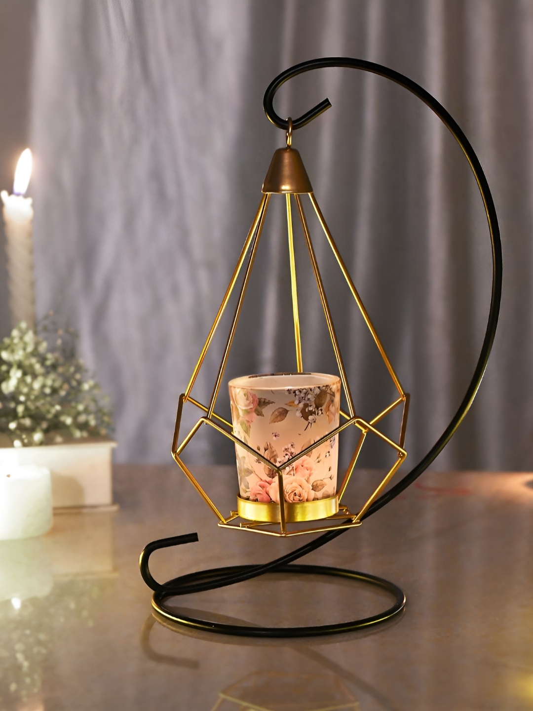 

TAYHAA Black & Gold Toned Floral Printed Metal Glass Hanging Candle Holder