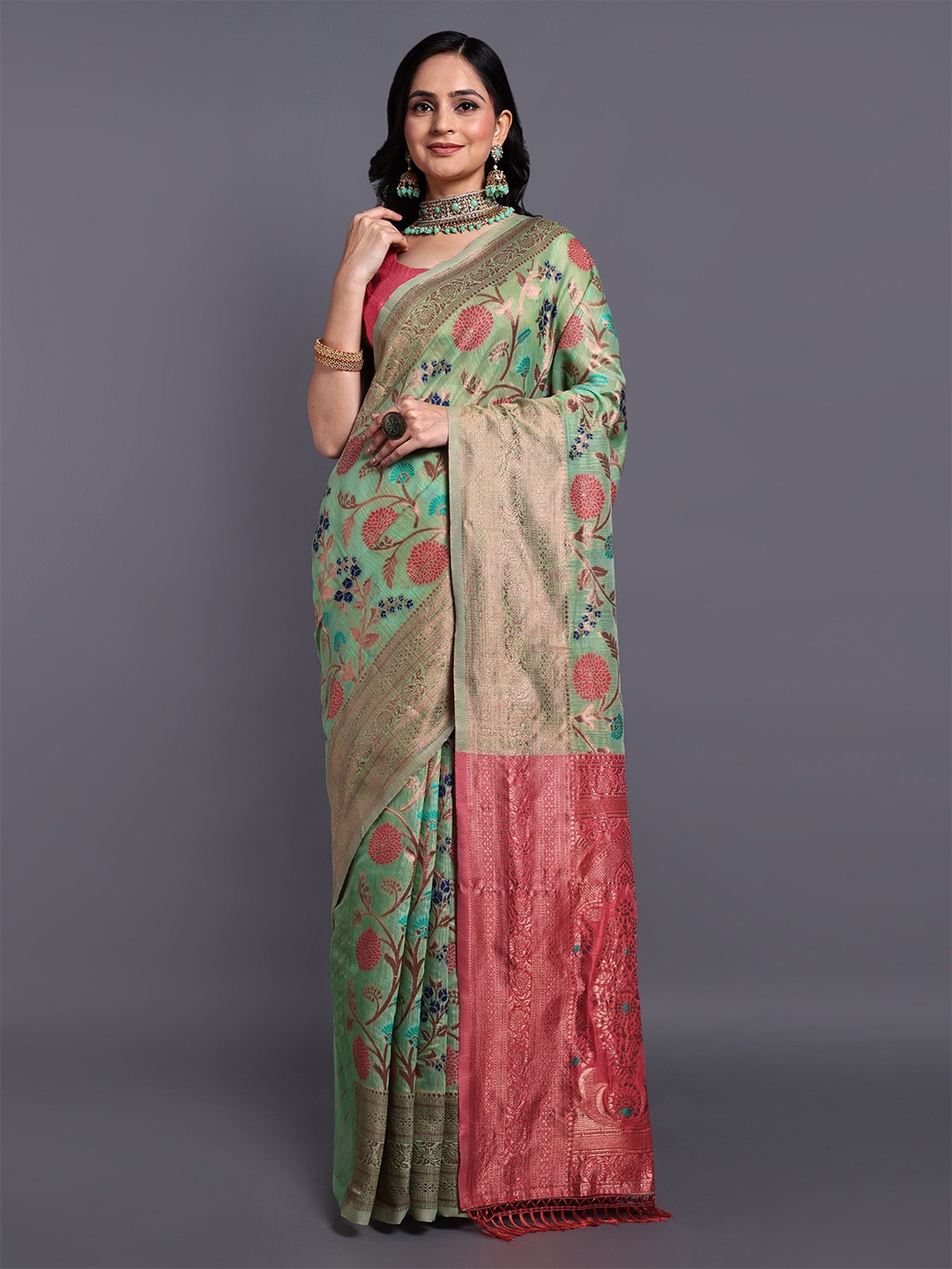 

SWAMI STUDIO Floral Zari Pure Cotton Kanjeevaram Saree, Green