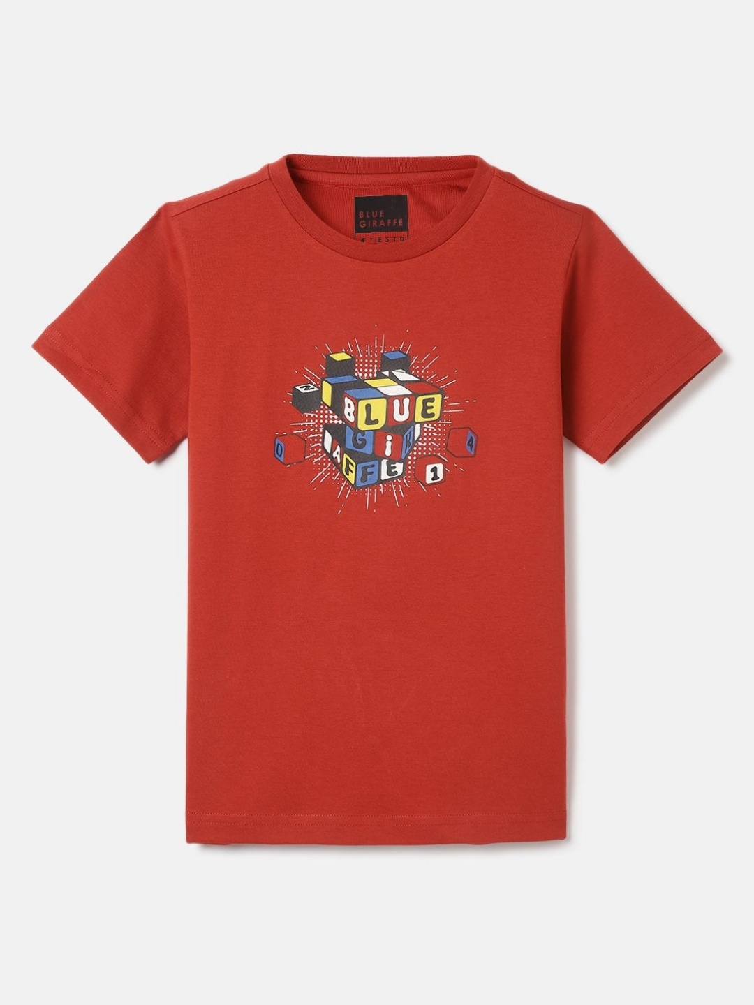 

Blue Giraffe Boys Graphic Printed Round Neck Cotton T-shirt, Red