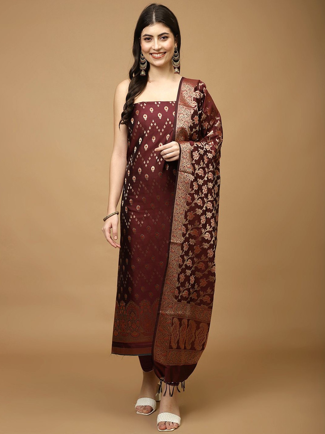 

Meena Bazaar Ethnic Motifs Woven Design Zari Chanderi Unstitched Dress Material, Burgundy