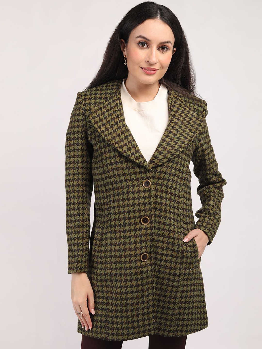 

HONNETE Women Notched Lapel Single-Breasted Hip-Length Winter Overcoat, Green